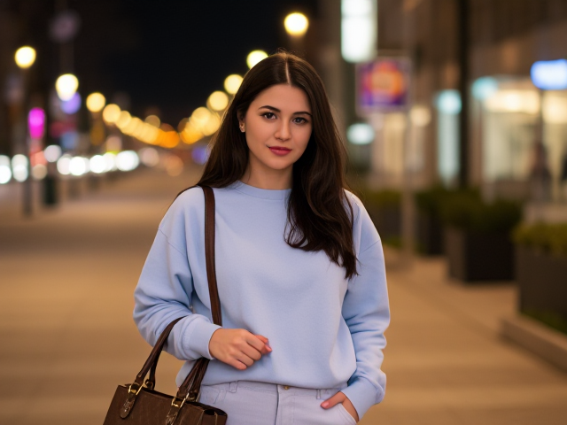 Brunette with dark hair wearing a light blue sweatshirt and light blue pants with her purse late at night