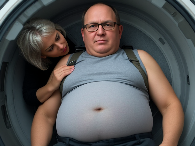 A middle age man of a medium build, with a round face, glasses, and a receding hairline. His hair is mostly bald on top but appears darker at the sides. He has a serious expression. His body type is somewhat stocky, with a round and slightly protruding belly . He is wearing a sleeveless tight grey shirt and is wearing workpants, he is  laying flat on back inside a capsule with glass top. A young smaller woman, with silver-white hair, has an intense and piercing  expression as she stands on the outside (and behind the man to his left shoulder) of the capsule and touches the man and kisses his lips, The man looks over his left shoulder to see her, his expression serious and anxious. This scene suggests a moment of tension or confrontation between the two characters.
The grey  "hump" under the man's chin is the man’s round belly, as the angle of the shot is of the man laying down flat on back, harnessed in,strap going around round belly, arms still at the man’s sides.  and the camera is facing up from right under his round belly, camera angle adds to this effect