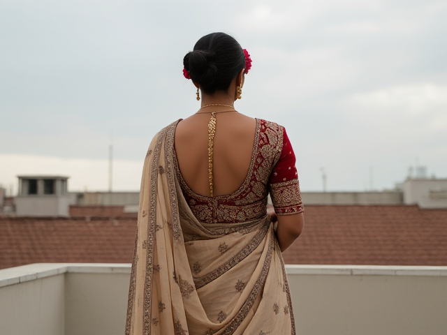 Indian woman in traditional Nikkah clothing with back turned on a balcony roof, skinny