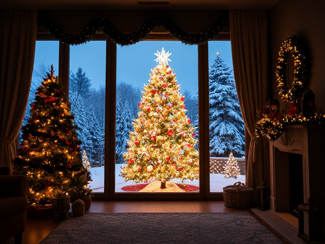 Photorealistic image of a spectacular wealthy indoor christmas scene with a wall window that shows a snowy festive tree fill beautiful scene outside.