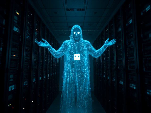 Imagine a dimly lit server room filled with towering racks of computers, their lights flickering ominously. In the center, a ghostly figure, made of swirling digital code and translucent pixels, emerges from the mainframe. Its eyes glow eerily, reflecting lost data and fragmented memories. Wisps of static and glitchy visuals surround it, creating an unsettling atmosphere. Shadows dance on the walls as it reaches out, manipulating holographic screens displaying cryptic messages and fading images of its former self. The fusion of technology and the supernatural evokes a chilling sense of both wonder and dread.
