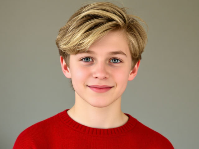 A portrait of a boy named Terrance wearing a red sweater, with blond medium-length and a bit messy hair.He has blue eye. He is standing in soft natural light, friendly expression, realistic style. he is a teenager with a big nose and some button on the face