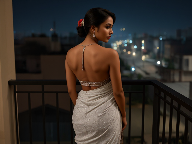 Skinny Indian woman in a white glittery saree, with her back turned and faced forward on a balcony in Pakistan