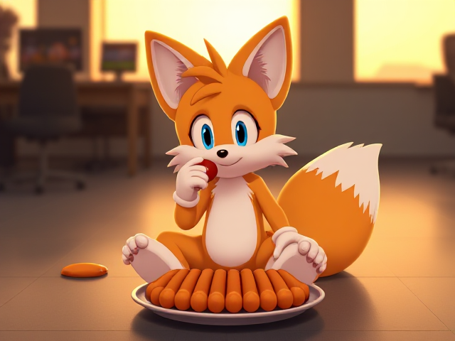 Tails the young and very cute Two tailed fox, sitting naked on the floor of Sega HQ with his head tilted slightly either left or right, nibbling on a hot dog with a plate FULL of hot dogs directly in front of him, with little digital pads on his feet, and a small piece of poop behind him, Sega video game