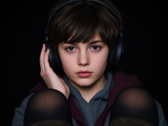 15-year-old girl feeling lonely, with short, shaggy dark brown hair. She is wearing black headphones and a grayish maroon jacket. Her eyes are dull hazel, complemented by black stockings and dark brown boots, set in a somber mood, capturing her sense of solitude