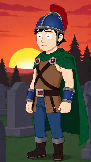 Dramatic Cartoon scene: Stan Marsh from South Park, light skin and black hair, but as a 14-Year Old teenager with a muscular torso, dressed as a medieval warrior, wearing a light brown tank top, a black belt with a silver square buckle adorned with a red castle emblem, blue jeans, steel armored boots, jeweled wrist cuffs, a really big, heel-length long, ultra-wide green cape held up by two silver buttons with red jewels with a strong unbreakable wire connecting them both, and a blue helmet with buffalo emblems on both sides, outlined by silver steel rims going around and across the top, with a really long red feather sticking out at the top. He is now known as Sir Marsh. Despite still being a teenage kid, he is the Youngest Commander of the Zaronian Army, and one of the youngest and greatest heroes hailing from South Park, Colorado, but now reborn as the real life Kingdom of Kupa Keep, Zaron. The young teenage hero is currently standing in a graveyard at sunset, visiting the grave of his deceased grandfather, paying his respects while he wishes he could have seen the amazing hero he has become.
