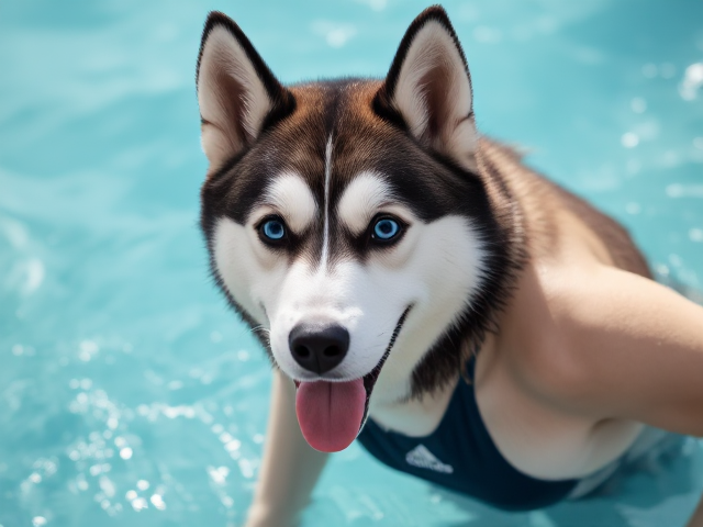 A anthropomorphic female Siberian husky with broad shoulders wearing an adidas swimsuit and swimming goggles