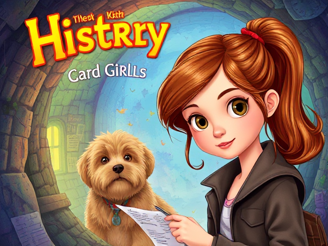 children's fiction book cover for girls aged 7-12, vibrant and colorful illustration, a mysterious fantasy world, young girl detective with long brown copper hair in ponytail with red ribbon and hazel eyes, hidden clues, whimsical elements, sense of adventure and intrigue. Near here is a small shaggy ream cavapoo. Realistic illustrative style.  The girl and dog do not dominate the image