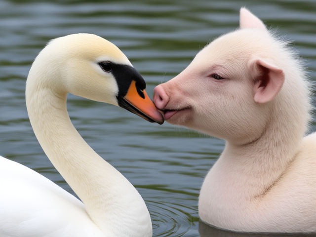 A cute pig and swan kissing