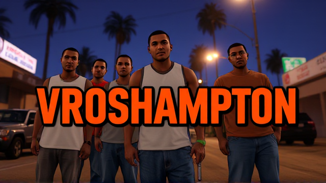 Design a poster in the iconic GTA San Andreas loading screen style, replacing the title with VROSHAMPTON in the exact GTA San Andreas font. Create bold, comic-style visuals with five characters reminiscent of those in GTA San Andreas. Position these characters subtly and slightly blurred in the background, ensuring the text VROSHAMPTON remains the focal point. Apply soft film grain and cinematic lighting to achieve realism akin to an 80s Panavision Panaflex camera. Set the scene with a Los Santos (Los Angeles) urban street vibe to capture the essence of a GTA San Andreas poster