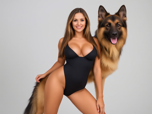 Anthropomorphic German shepherd with long hair, wearing a one-piece swimsuit, featuring wide hips and an athletic build, set against a simple background