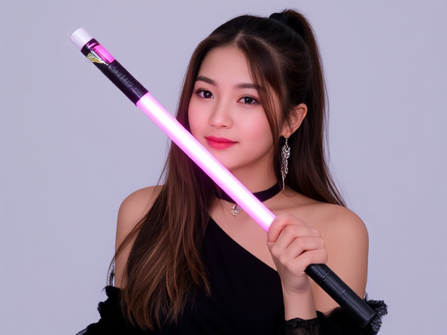 Create a custom-designed lightstick for Jennie from Blackpink, intricately crafted to embody the essence of her song "Solo." The lightstick should feature an elegant and modern design with the vibrant colors of black, pink, and white. It should have unique details that reflect Jennie's personality and style, such as sleek lines or sparkling elements. Consider incorporating motifs or symbols related to the song for an added layer of significance. The final product should be visually striking and functionally practical, suitable for use at concerts or fan events.