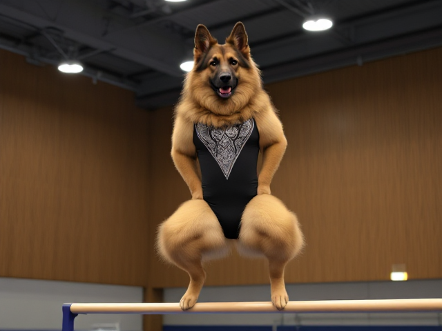 A anthropomorphic long haired German shepherd with large hips on the uneven bars wearing a gymnastics leotard in a gymnasium