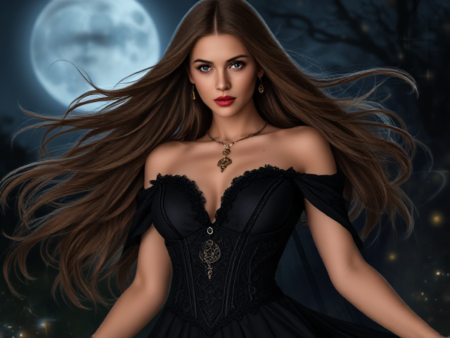A stunning woman with flowing long hair, piercing bright eyes, delicate features, wearing an elegant dark gown adorned with mystical symbols, embodying the essence of a goddess of darkness, surrounded by an ethereal aura with swirling shadows and luminescent sparks in a moonlit night setting