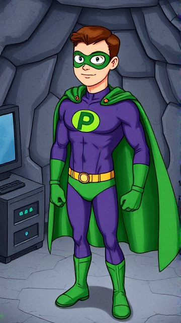 Cartoon scene: A young, Autistic 25-year old boy with light skin and flat, smooth, and slick brown hair named T.J. Granger, but transformed into a genetically-altered superhero named Powerman, who, despite still being a young adult kid, has an extremely muscular body. He wears a sleek purple suit with a green P symbol on his chest, a gold belt with a circular buckle, green briefs, green boots, green long-cuffed gloves, a really big, toe-length long, ultra-wide green cape wreathed around his neck, and a green eye mask that protects his true identity. He also has incredible and invincible superpowers flowing through his veins. In this scene, Powerman is currently standing in his secret high-tech underground lair, awaiting a call on the supercomputer from his masters about his next mission.