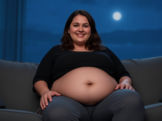 tall obese woman 25 years old light brown hair brown eyes wearing a black shirt and grey pants sitting on the couch smiling with her belly out