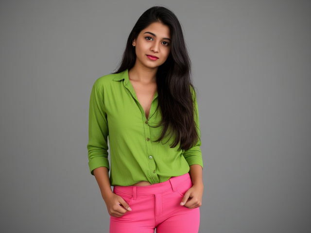 20 year old indian girl. Green shirt and pink tight pants. Full body