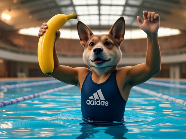 An anthropomorphic dog wearing an Adidas swim suit in an Olympic pool triumphantly holding up a large banana.