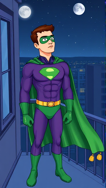 Cartoon scene: A young, Autistic 25-year old boy with light skin and flat, smooth, and slick brown hair named T.J. Granger, but transformed into a genetically-altered superhero named Powerman, who, despite still being a young adult kid, has an extremely muscular body. He wears a sleek purple suit with a green P symbol on his chest, a gold belt with a circular buckle, green briefs, green boots, green long-cuffed gloves, a really big, toe-length long, ultra-wide green cape wreathed around his neck, and a green eye mask that protects his true identity. He also has incredible and invincible superpowers flowing through his veins. In this scene, Powerman is currently standing on his bedroom balcony at night as he gazes up to the stars, wondering what his true destiny is.