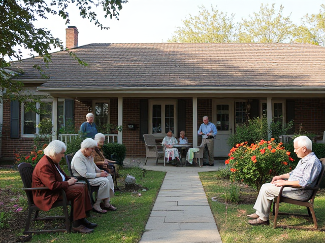 establishing shot of a retirement home filled with old people outside