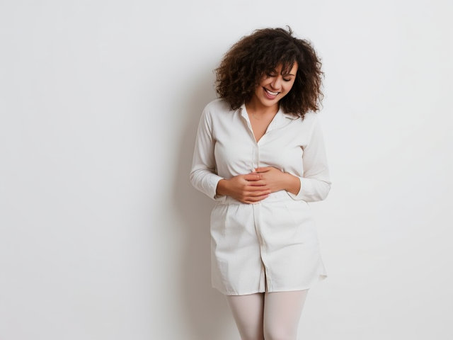 beautiful curly haired semitic woman in white stockings, shirt skirt, a blouse and black heels holding her stomach while giggling her head off