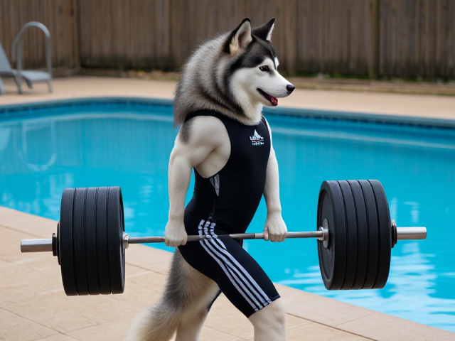 A anthropomorphic Siberian husky wearing an adidas swimsuit deadlifting a barbell on a pool deck