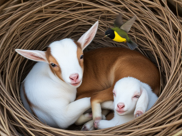 Create an image of a chubby baby goats laying in a nest with a honeyeater bird flying around it.