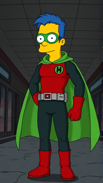 Cartoon scene: Milhouse Van Houten from The Simpsons, with his yellow skin, really big round nose, and blue hair that's slicked back and curled up at the top, but as a tall, 18-year old teenager, dressed as a parodied version of Robin, The Boy Wonder, with an extremely muscular body, wearing a dark green bodysuit with a red torso adorned with a small black circle with a light-green "H" symbol on his left pectoral, a silver utility belt with a red square buckle with silver pouches attached to it that hold all of his unique gadgets, red boots, red long-cuffed gloves, a really big, toe-length long, ultra-wide light-green cape wreathed around his neck held up by an inverted silver triangular button, and a light-green eye mask with optical lenses in it that protects his true identity, now known as Houseboy, The Nerd Wonder, the other half of Springfield's Dynamic Duo, and one of the greatest vigilante superheroes ever known in Springfield. In this scene, Houseboy is currently standing in a dark, abandoned mall at night, investigating the scene of the crime.