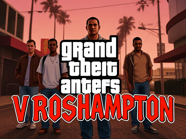 Design a poster inspired by the iconic GTA San Andreas loading screen style, replacing the title with 'VROSHAMPTON' in the exact GTA San Andreas font. The poster should reflect the same bold, comic-style visuals and include five characters similar to those seen in GTA San Andreas. Keep the characters subtle and slightly blurred in the background, while the focus remains on the text 'VROSHAMPTON.' Add soft film grain and cinematic lighting for realism, resembling the quality of a Panavision Panaflex camera from 80s movies. The backdrop should evoke a Los Santos (Los Angeles) urban street vibe, ensuring the design captures the essence of a GTA San Andreas poster.