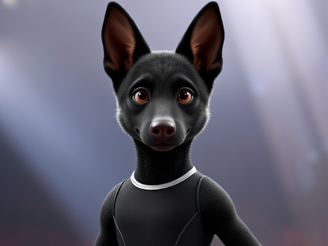 A anthropomorphic black German shepherd Olympic gymnast wearing a leotard