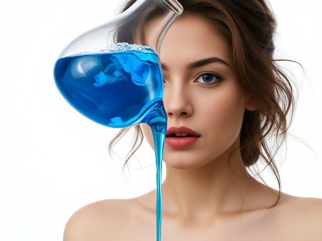 Simple white background with nothing in it, just a erlenmeyer flask with blue liquid in it hovering in the air getting tipped over and pouring the liquid out.