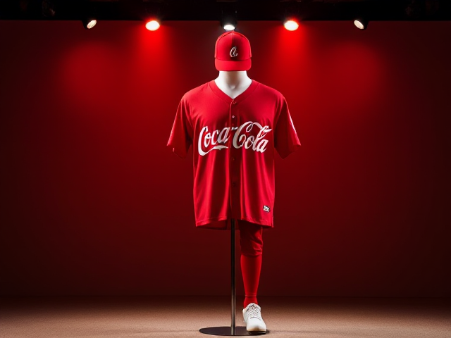 A red baseball hat with coca cola logo with a red v neck athletic shirt with coca cola logo with red baseball pants red socks and white cleats displayed on a mannequin