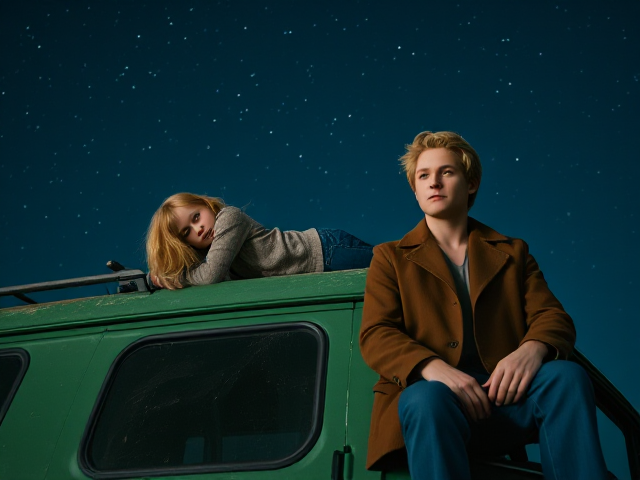 A petite 12-year-old girl with strawberry blonde hair, wearing a cozy pullover and jeans, is lying on the roof of a weathered green 1987 Chevy van. She is gazing up at the night sky filled with stars. Next to her sits a modern-day vampire in his twenties, with striking blonde hair, dressed in a brown trench coat and jeans. He appears uneasy as he looks downward