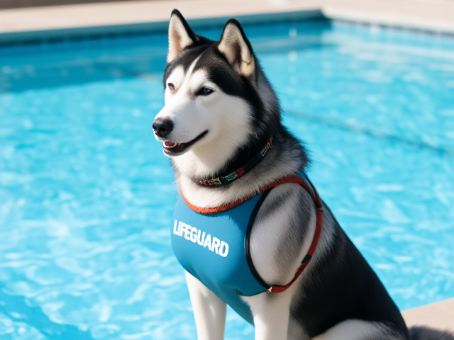 A anthropomorphic Siberian husky wearing a lifeguard swimsuit by a pool