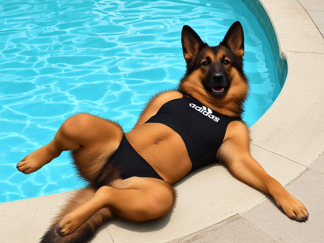 A tall and lean (anthropomorphic) long haired German shepherd with a long torso and broad shoulders wearing a adidas bathing suit while lying on her back next to a swimming pool