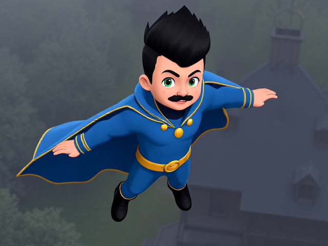 2D cartoon scene: A preteen 12-year old boy with light skin and freckles on his cheeks named Kyle Lipton, but transformed into a superhero named Dr. Dimensionpants, who, despite still being a kid, has an extremely muscular body. He wears a tight blue hood outlined by a yellow line, with a smooth, slicked back black mohawk on top. He also wears a sleek blue bodysuit outlined with yellow lines on the cuffs of the sleeves and pants, a golden belt with a circular buckle, black boots, and a really big, toe-length, ultra-wide blue cape with a really big collar outlined with yellow lines wreathed around his neck held up by a golden button. The pupils in his eyes are green, and he has a black twin moustache. He also has incredible, invincible, and cosmic superpowers flowing through his veins. He is currently floating and levitating as he slowly descends down to the grounds of an abandoned mansion after a long flight, preparing to land so he can begin his investigation.