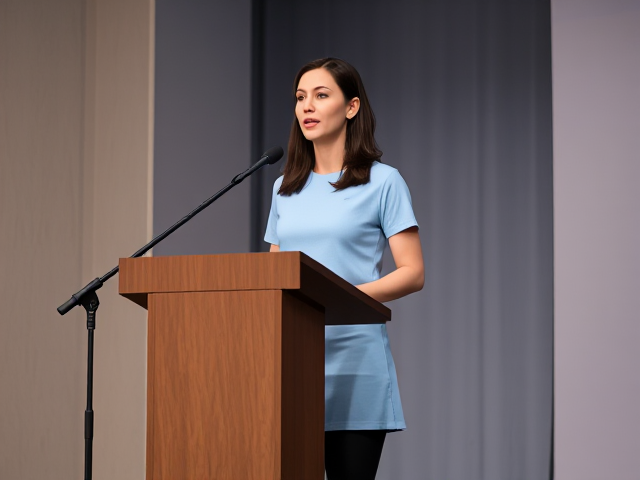 Brunette female , wearing a light blue t-shirt and skirt of the same shade, black leggings,   speaking at a podium full body view