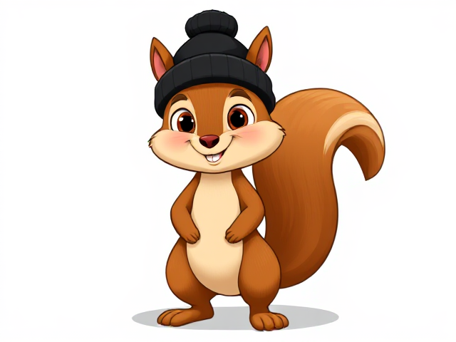 Cartoon-style squirrel character, standing upright, wearing a black beanie, vibrant colors, cheerful expression, detailed fur texture