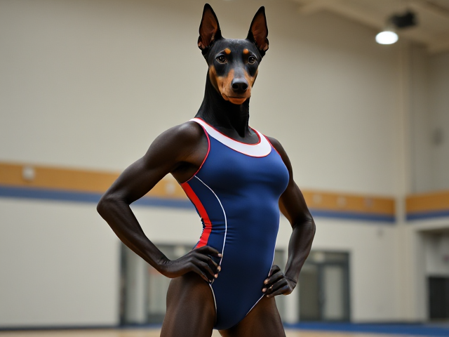 Anthropomorphic Doberman wearing a gymnastics leotard, posing with emphasis on its hips in a gymnasium setting, detailed and vibrant colors