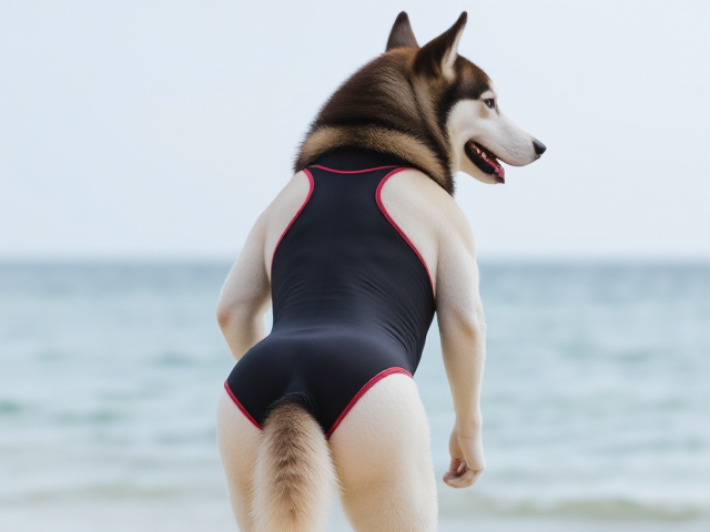 A anthropomorphic Siberian husky wearing a sportback swimsuit