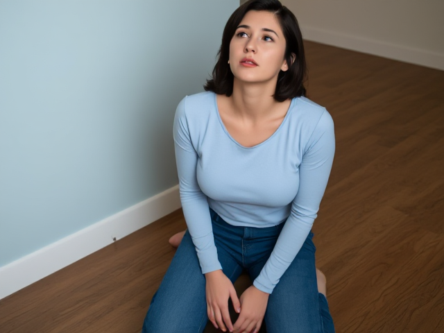 Brunette actress with dark brown hair wearing a light blue long sleeve top and  blue jeans on her knees loooking up at someone with a pleading look for herself. Her hands are behind unable to move