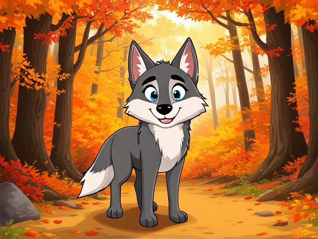 cartoon-style wolf standing in a vibrant autumn forest with colorful falling leaves, sunlight filtering through the trees, and a playful expression on the wolf's face