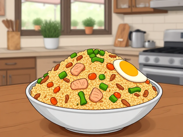 in a well appointed kitchen on a table, there is This keto cauliflower fried rice is a low-carb version of the classic dish, packed with chicken, veggies, and scrambled eggs. It's quick, flavorful, and perfect for meal prep. A satisfying lunch that hits all the right notes without the carbs!