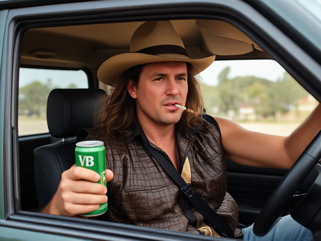 A quintessential Australian bogan male with a crocodile skin vest and hat who has a mullet hairstyle who is driving a four wheel drive with a green can of VB beer in his hand and a cigarette in his mouth