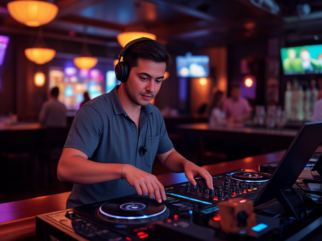 Male DJ mixing in a pool bar