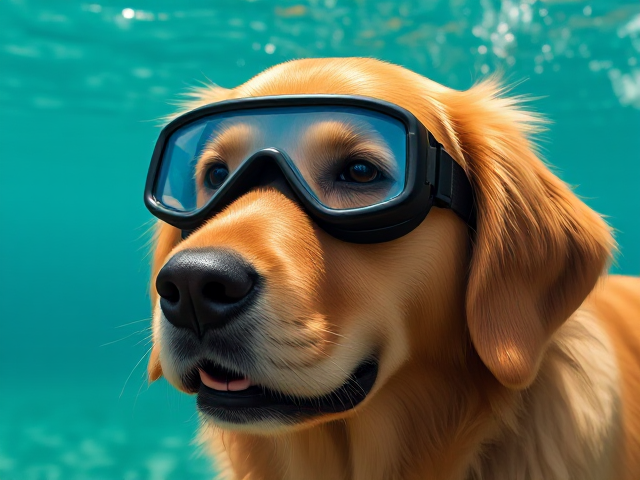A golden retriever wearing Freediving goggles