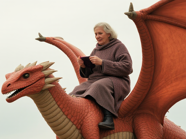 Old woman knitting a sweater while riding a giant dragon