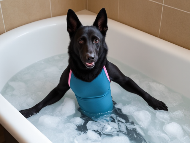 A anthropomorphic black German shepherd wearing a gymnastics leotard in a bath tub full of ice