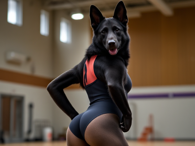 Anthropomorphic black German shepherd wearing a gymnastics leotard, posing with emphasis on its hips in a gymnasium setting, detailed and vibrant colors