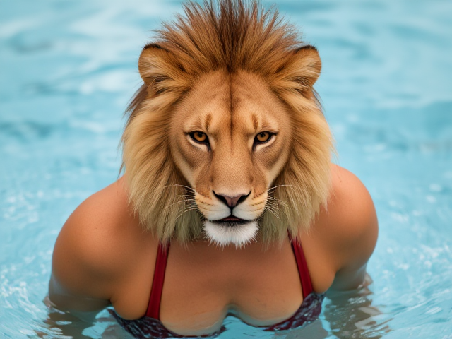 A anthropomorphic female lion Olympic swimmer
